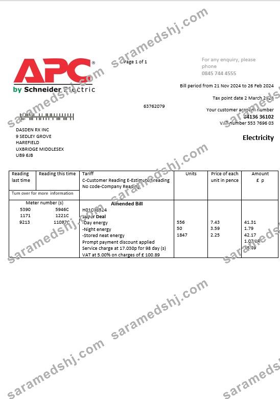 United Kingdom APC electricity business utility bill template in Word and PDF formats